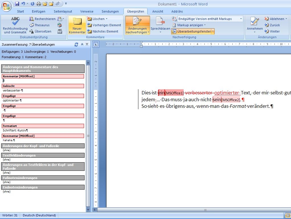 Word 2007 - schwer erkennbare Änderungen sichtbar machen