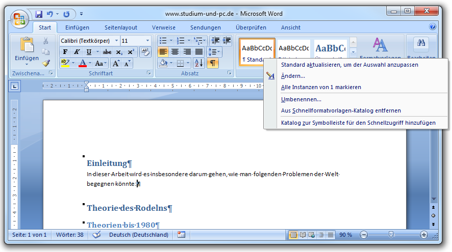 Formatvorlagen anpassen durch Rechtsklick auf Multifunktionsleiste in Word 2007