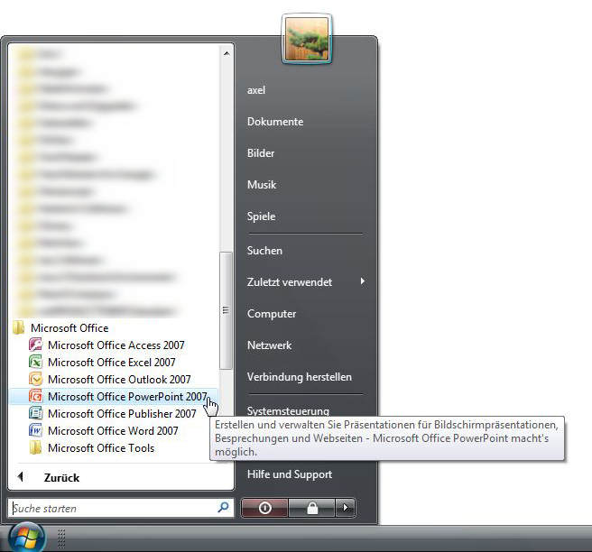 Starten von PowerPoint 2007 bei Vista