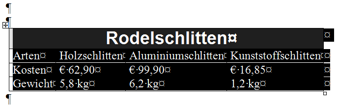 Tabelle markieren für Beschriftung