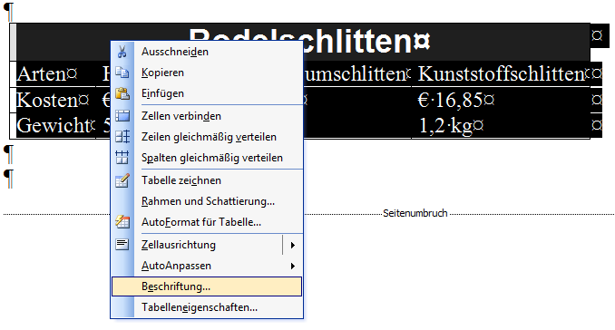 Menüpunkt Beschriftung auswählen