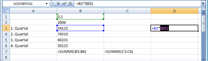 Umstellen von relativen auf absoluten Bezug mit F4 in Excel