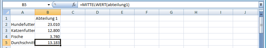Ergebnis der Berechnung Formel mit Namen von Bereich