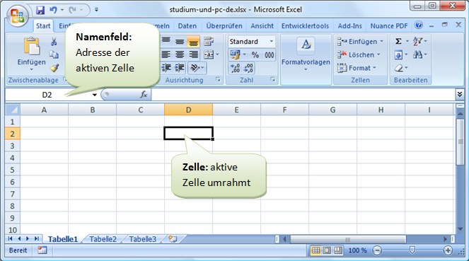 Namensfeld und aktive Zelle in Excel