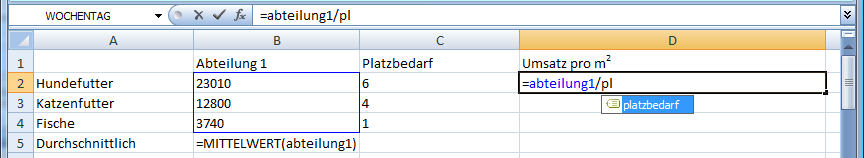 mit Namen für Bereiche in Zeilen rechnen