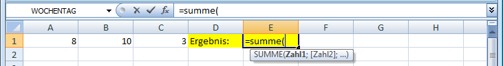 Funktion Summe einsetzen - wie sind Parameter aufgebaut