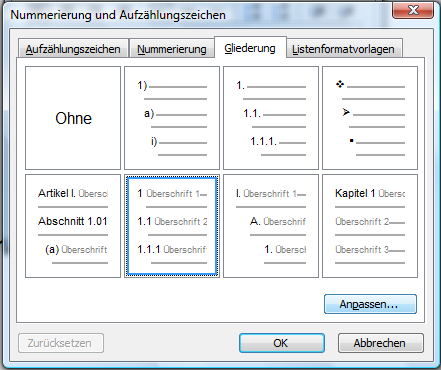 Gliederung an eigene Systematik anpassen