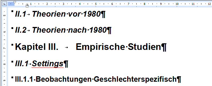 Ergebnis der individuell angepassten Gliederung in Word 2003