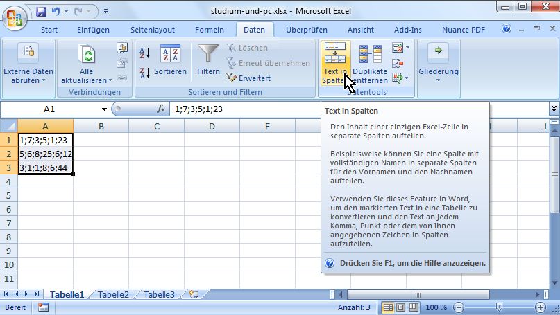 Importierte Daten sind oft in der ersten Zelle