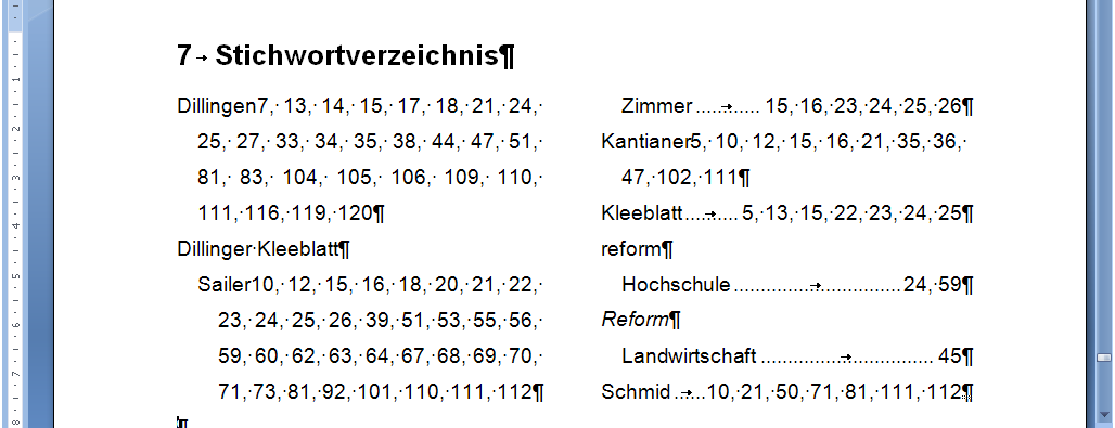 Ansicht des Stichwortverzeichnisses im Text