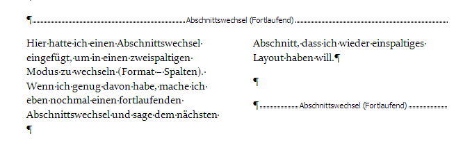 Ansicht des Abschnittswechsels