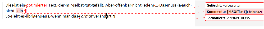 Ansicht der getätigten Änderungen im Text