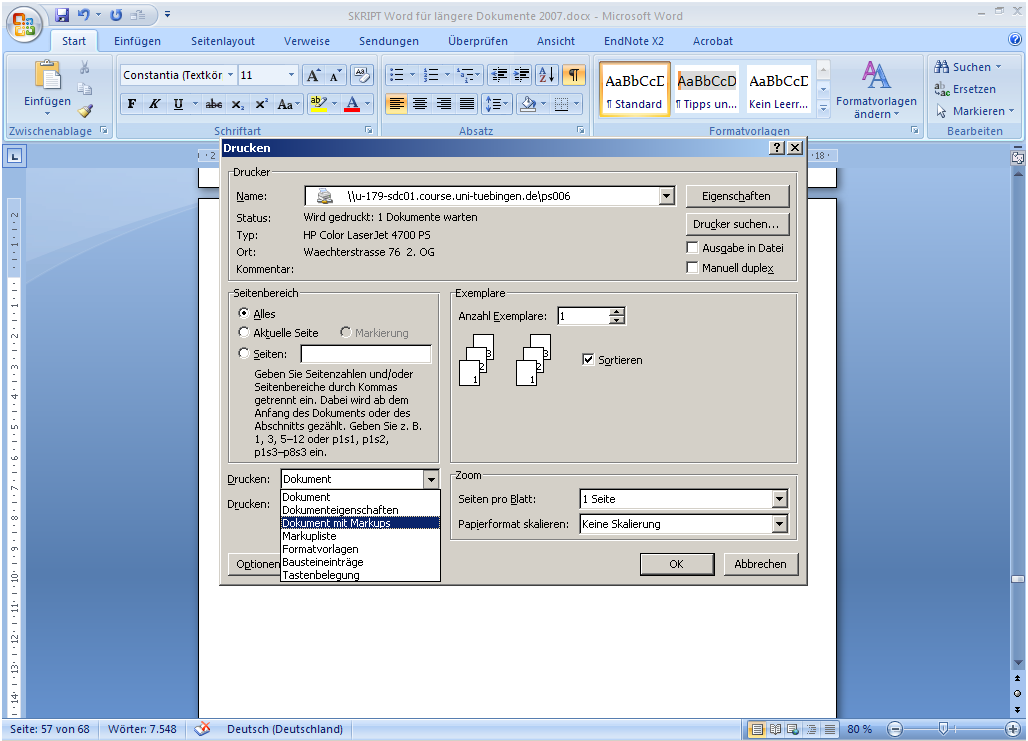 Ansicht des Fensters Drucken – Drucken mit Markups