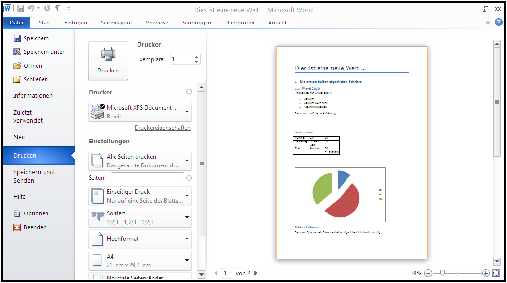 Neu in Word 2010 – Datei – Drucken 1