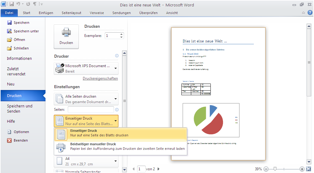 Neu in Word 2010 – Datei – Drucken 3