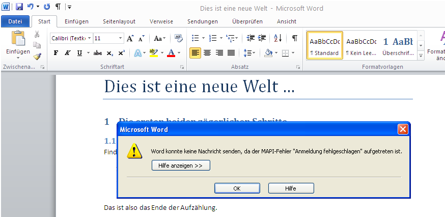 Neu in Word 2010 – E-Mail versenden Fehlermeldung