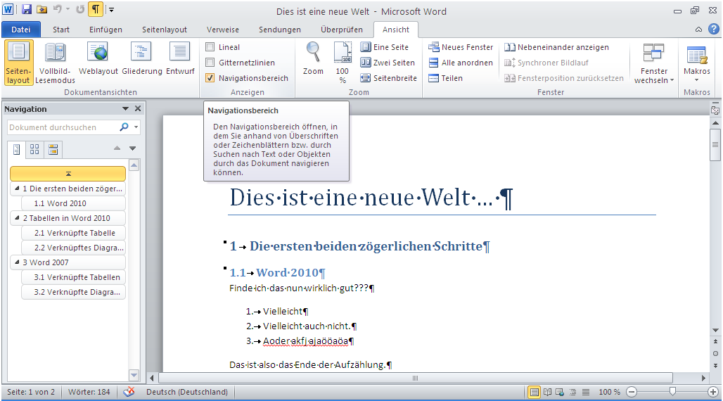 Neu in Word 2010 – Navigation für Gliederung der Arbeit