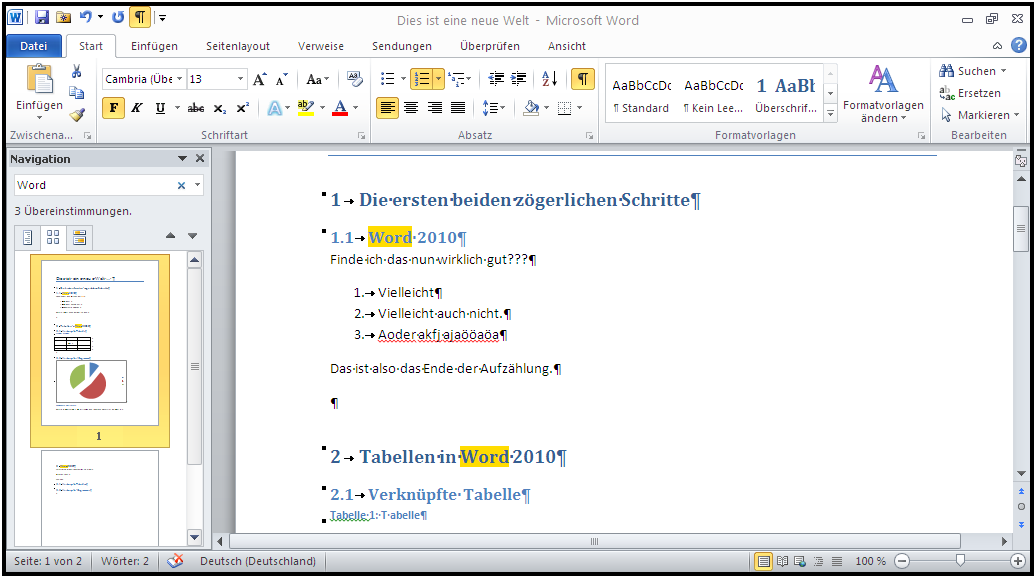 Neu in Word 2010 – Ansicht Suche nach Wörtern