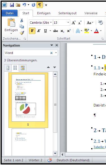 Neu in Word 2010 – Ansicht Navigation