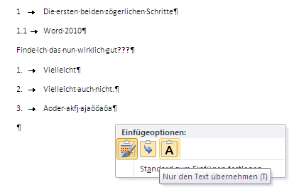 Neu in Word 2010 – Smarttag – Nur den Text übernehmen