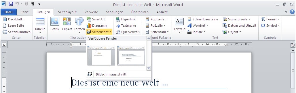 Neu in Word 2010 – Menüleiste – Einfügen - Screenshot