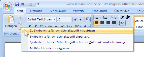 Befehle zu Symbolleiste für den Schnellzugriff hinzufügen