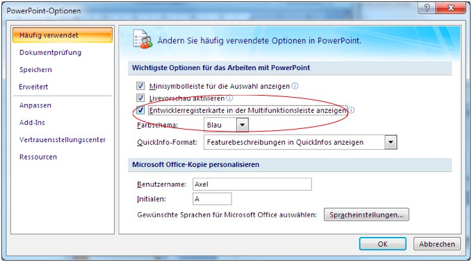 Power-Point-Optionen, Entwicklerregisterkarte anzeigen
