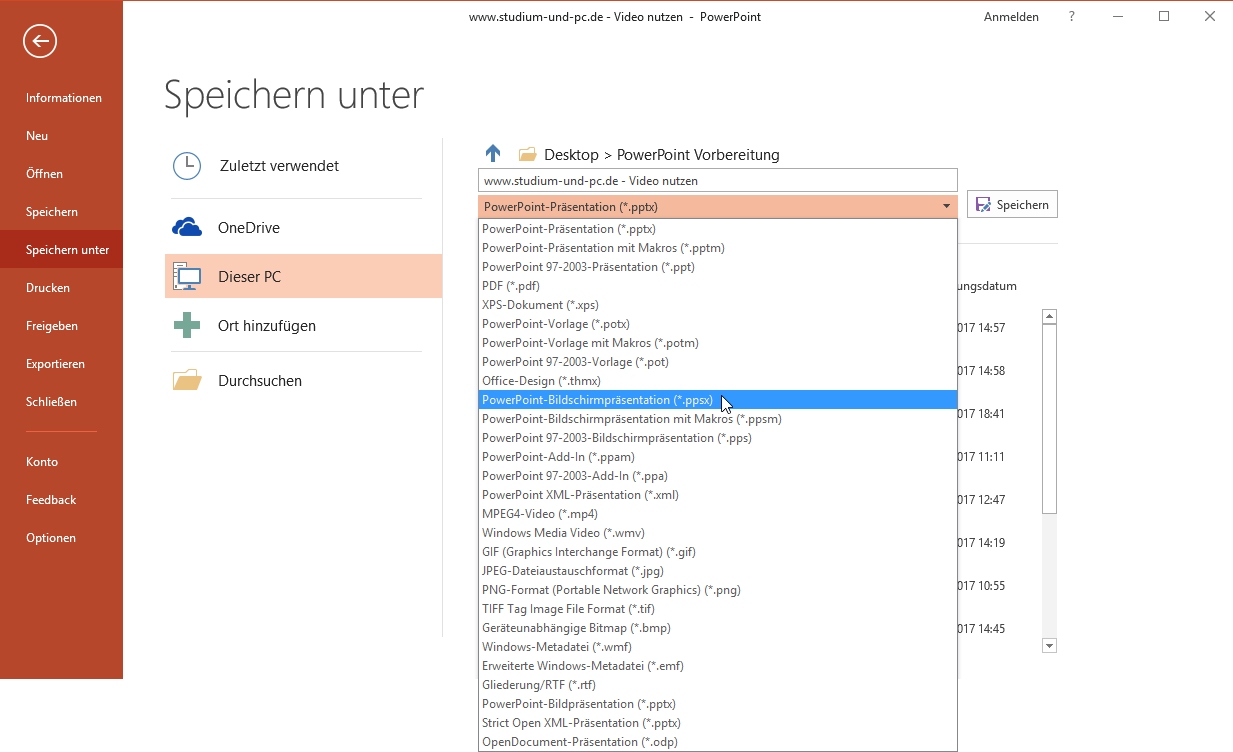 zum automatischen Start im Format PowerPoint-Bildschirmpräsentation*.ppsx speichern