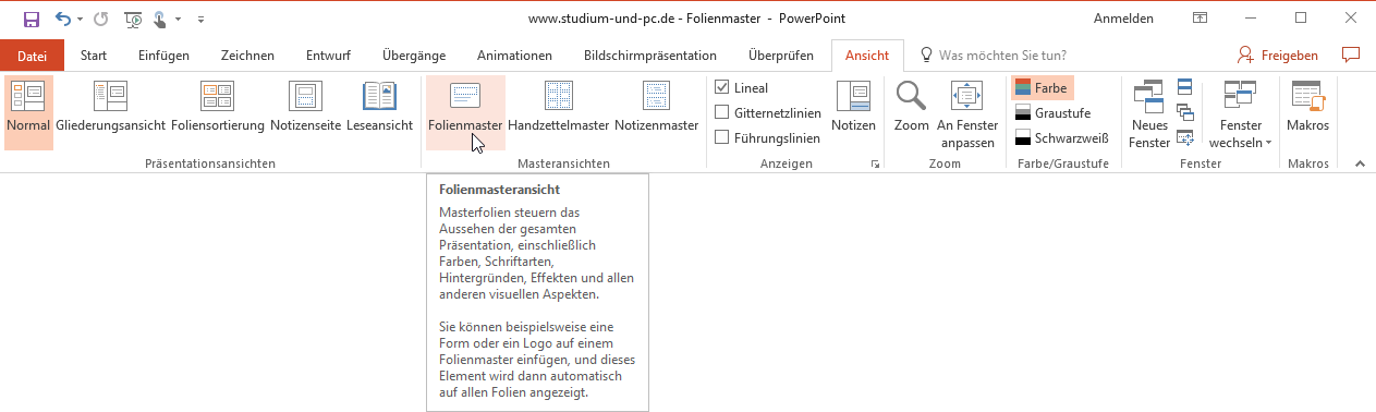 Folienmaster aufrufen über Reiter Ansicht und dort Folienmaster