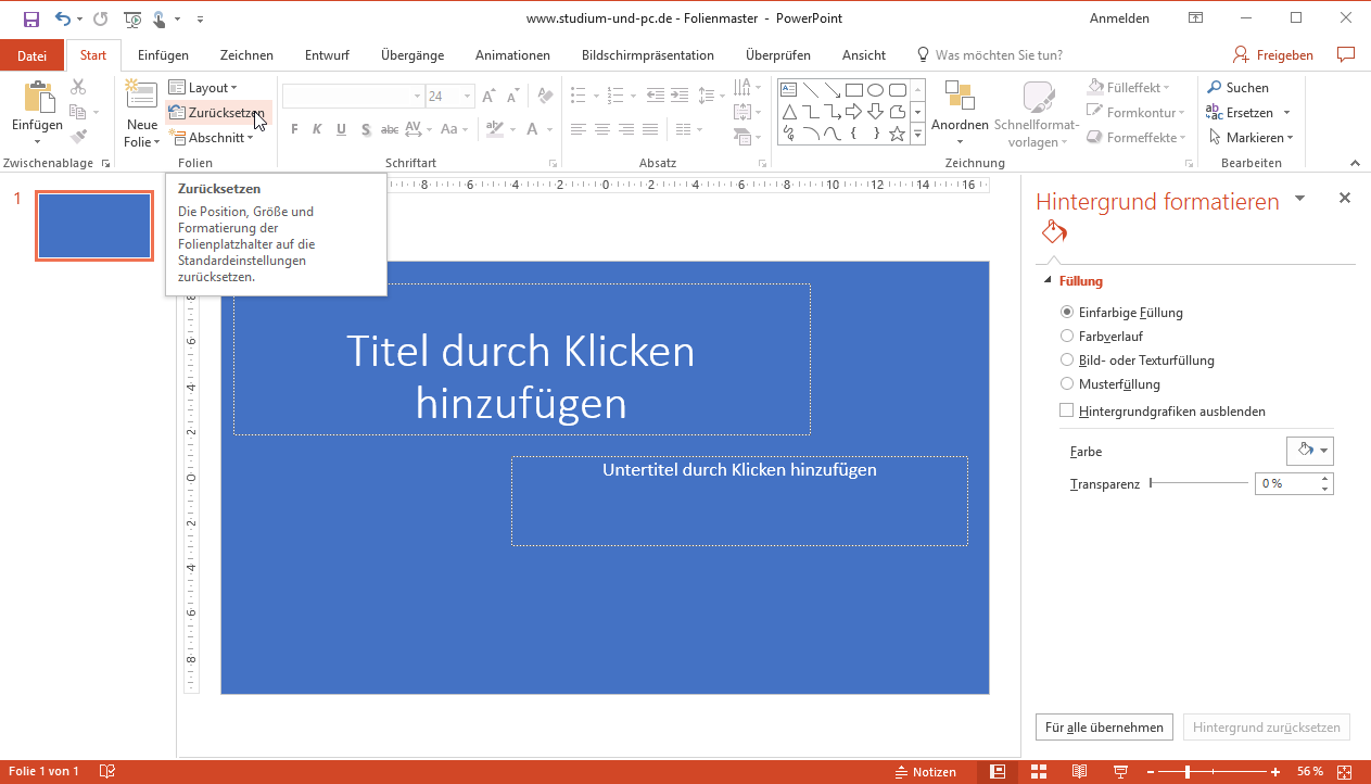 zurücksetzen von Nutzereinstellungen auf Standard bei PowerPoint