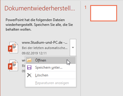 Öffnen der Automatische Speicherung für Wiederherstellung
