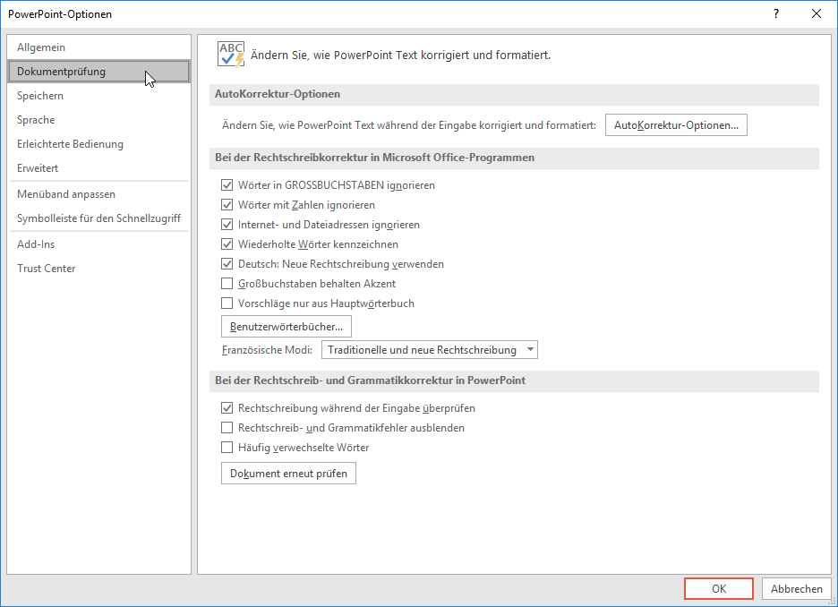 Optionen von PowerPoint ändern - Dokumentenprüfung