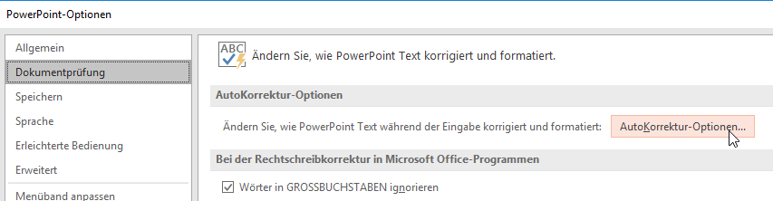 AutoKorrektur-Optionen in PowerPoint 2019