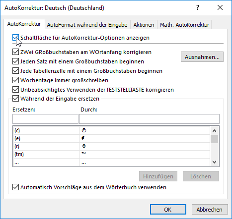 Schaltfläche für AutoKorrektur-Optionen anzeigen