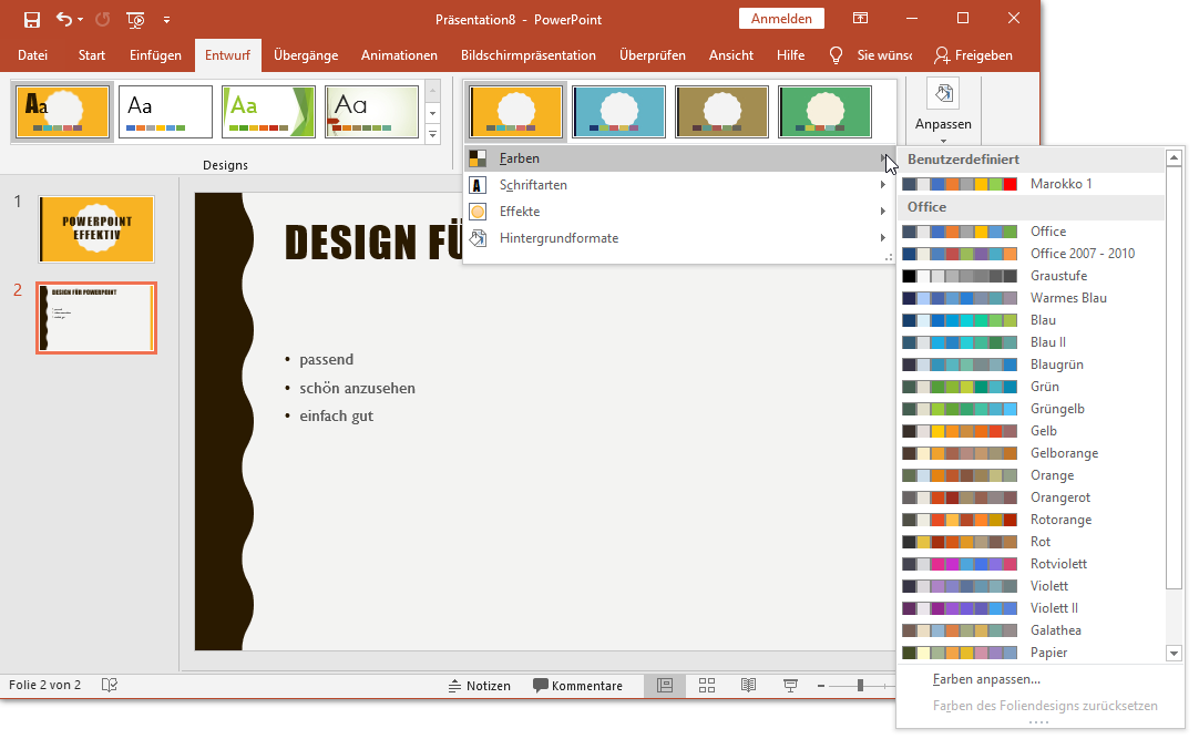 Varianten für das ausgewählte Design