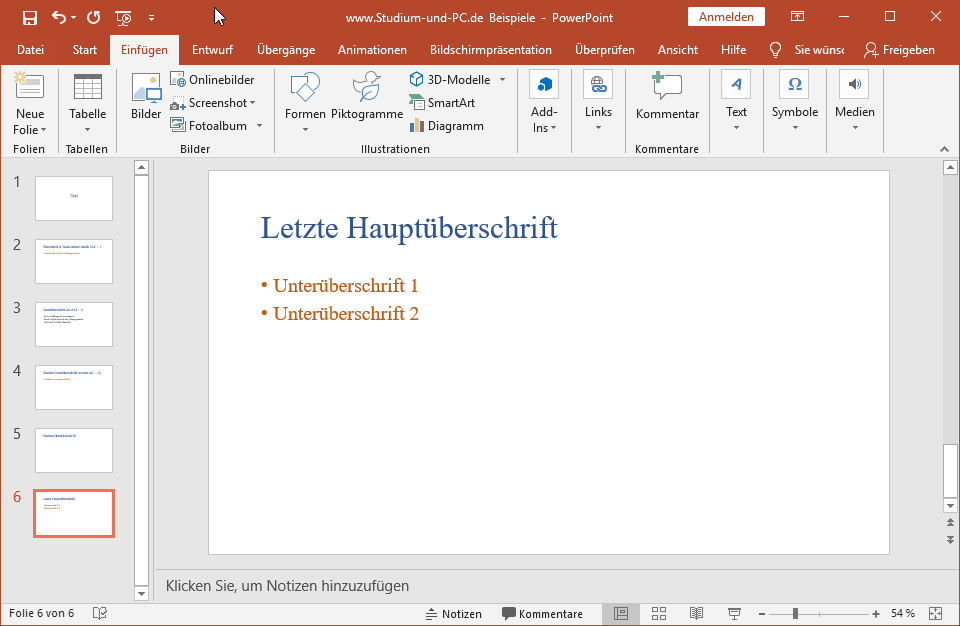 erstellte Folien aus der importierten Word-Gliederung