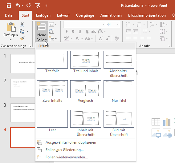 verschiedene Folienarten in PowerPoint
