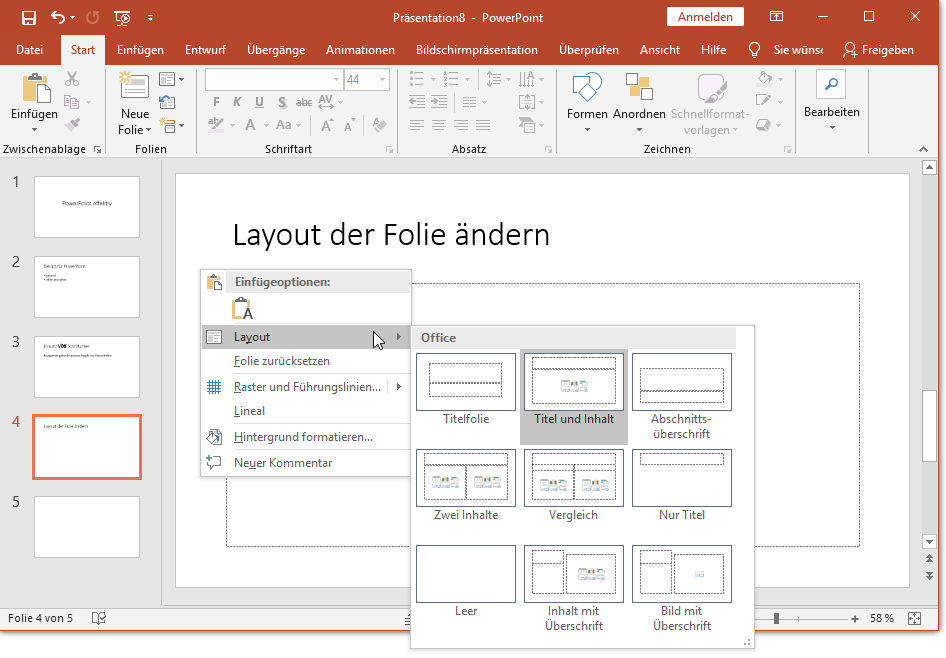 Layout/Aufteilung bestehender Folie per Maus umstellen
