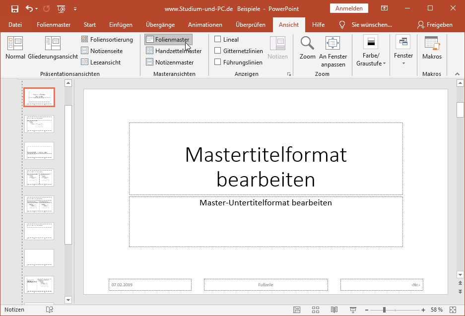 Ansicht Folienmaster über Menü Masteransichten aufrufen