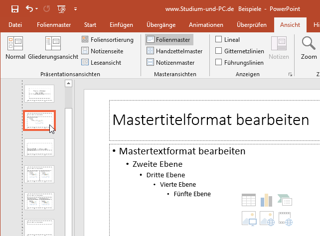 unscheinbarer Scrollbalken neben Folienmasterübersicht