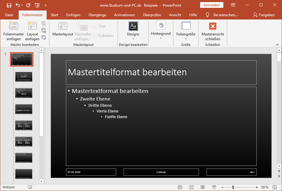 die untergeordneten Folienmaster erhalten auch die Hintergrundfarbe