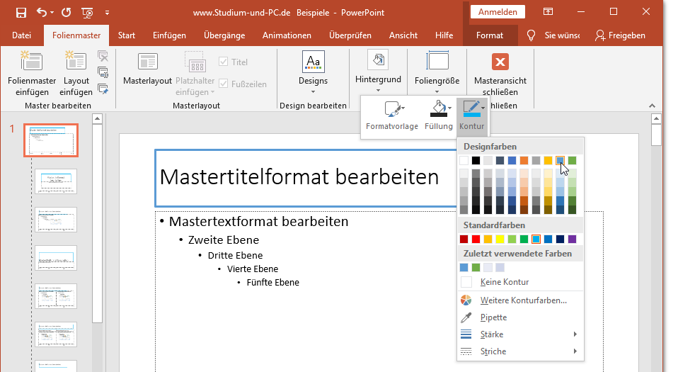 die farbliche Umrandung des Titel-Platzhalters wird blau