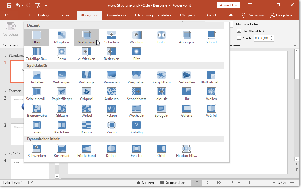 Übergänge zwischen Folien auswählen