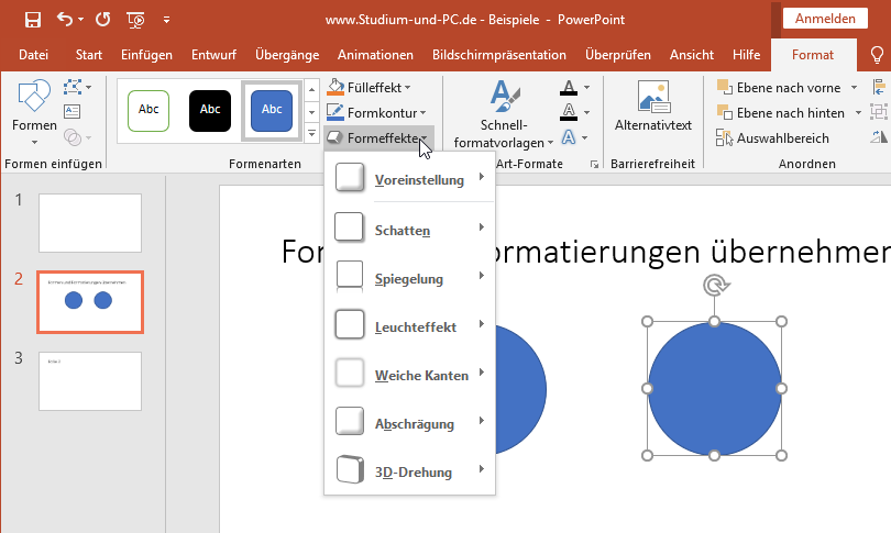 Formeffekte wie Schatten anwenden