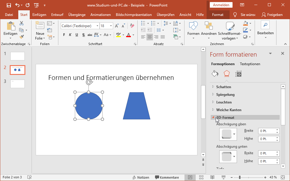 Verschiedene Einstellmöglichkeiten für 3D-Format