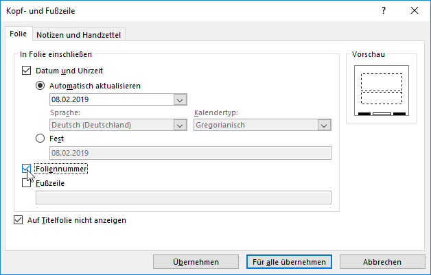 Foliennummer einschalten