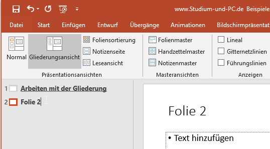 weitere Folie erstellen über Gliederungsansicht erstellen