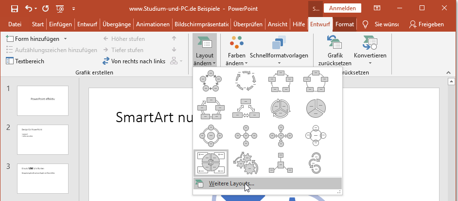über Weitere Layouts wird Rubrik geändert