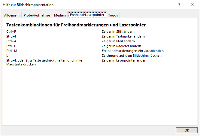 Tastenkombinationen Freihandmarkierung und Laserpointer
