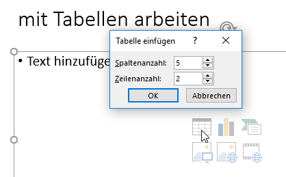 Anzahl Spalten und Zeilen für Tabelle festlegen